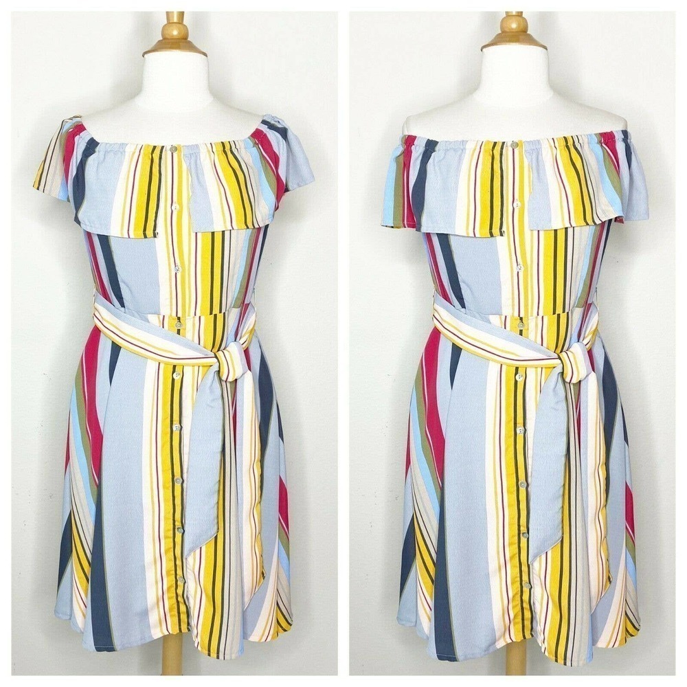 Entro Off On the Shoulder Striped Belted Dress
